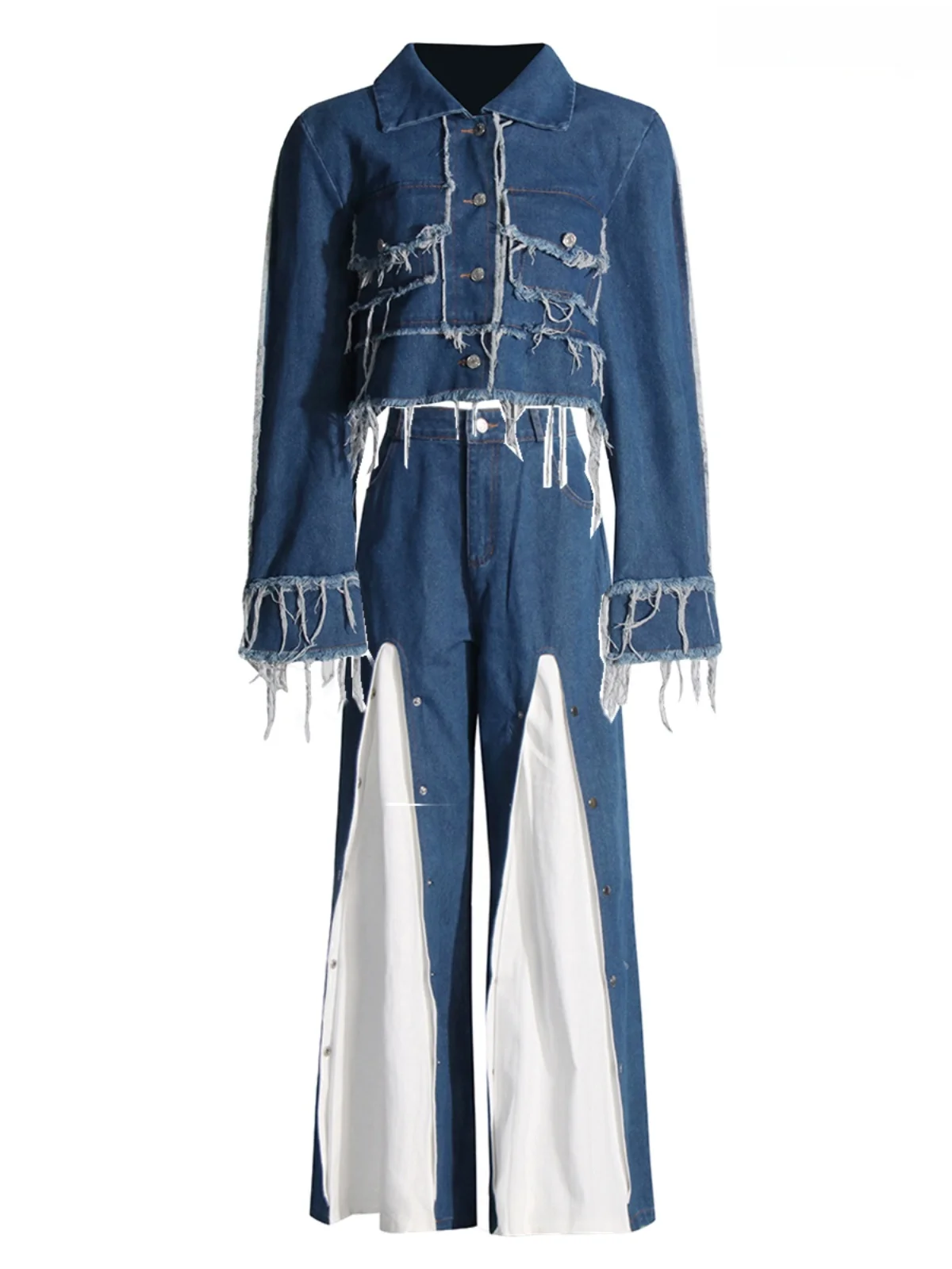 

Blue Denim Casual Flared Pants Fashionable Split Color Design Long Sleeve Collar Button Closure Cotton Outerwear Top