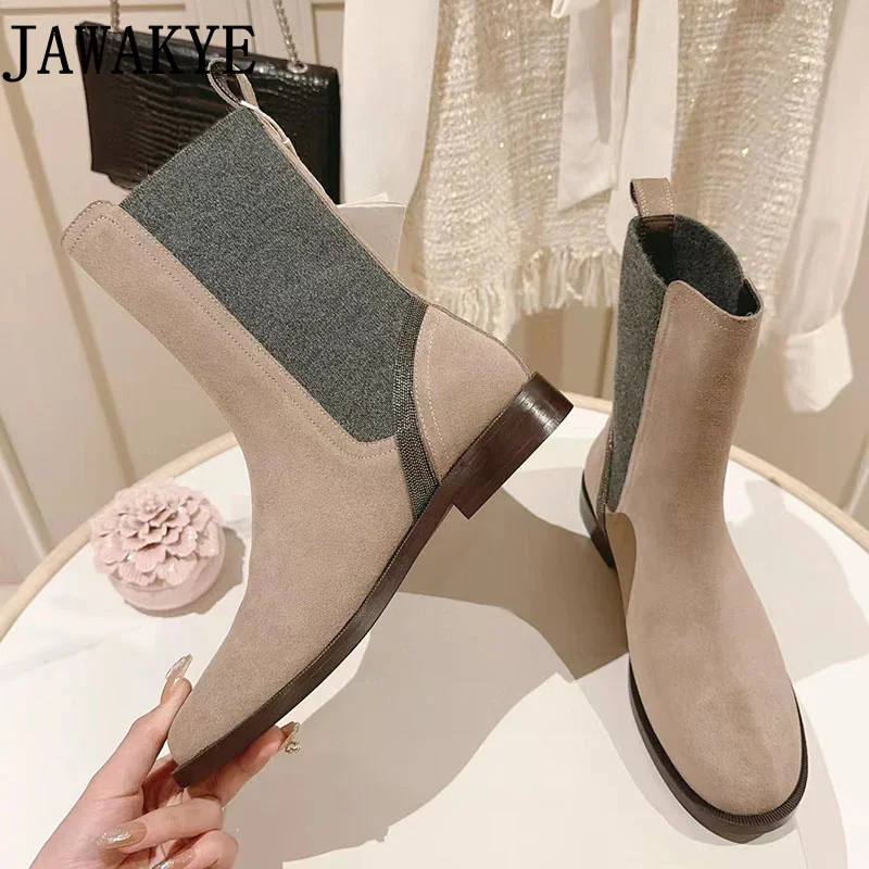 

Popular Brand Winter Shoes Women Cow Suede Flat Heel Chelsea boots Casual Women's Elastic Beaded Ankle Boots Short Leather Botas