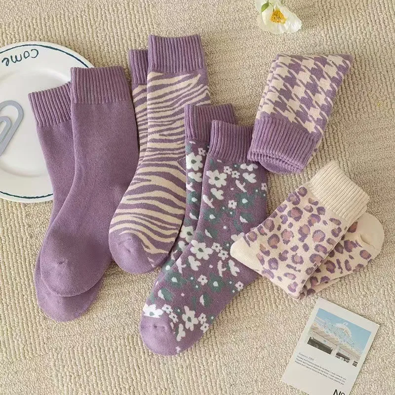 

Women's Warm Purple Socks Set with Floral, Zebra, Houndstooth & Leopard Prints, Soft Thermal Crew Socks for Autumn/Winter Dail