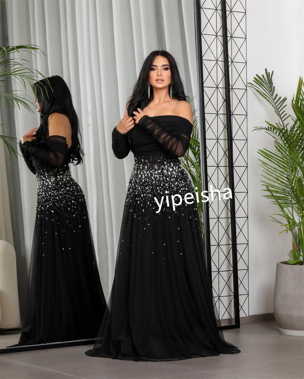 Customized Simple Chiffon Pleat Sequined A-line Boat Neck Long Dresses Quinceanera Dresses Sexy Modern Style Classic Retro