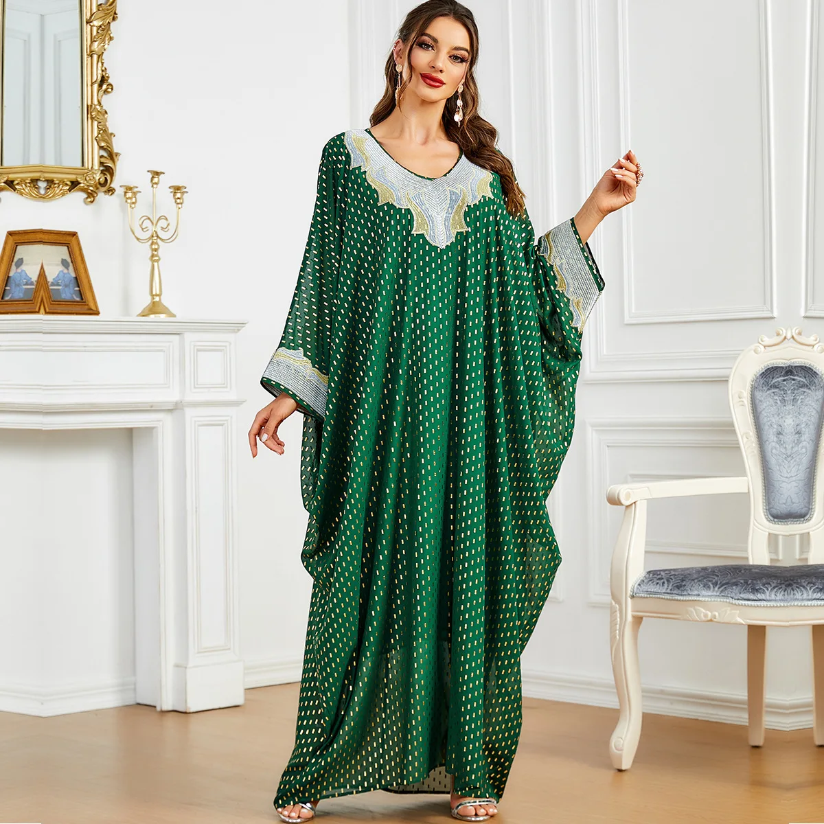 

Abaya For Women Ramadan Bat Sleeves Arabic Green Polka Dot Gilded Women's Super Loose Mushim Dress Fashion V-neck Women Clothing