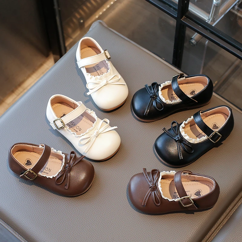 Kids Leather Shoes Spring Autumn Korean Style Girls Causal Shoes Ruffled Edge Bow Children Fashion Princess Flat Shoes Round-toe