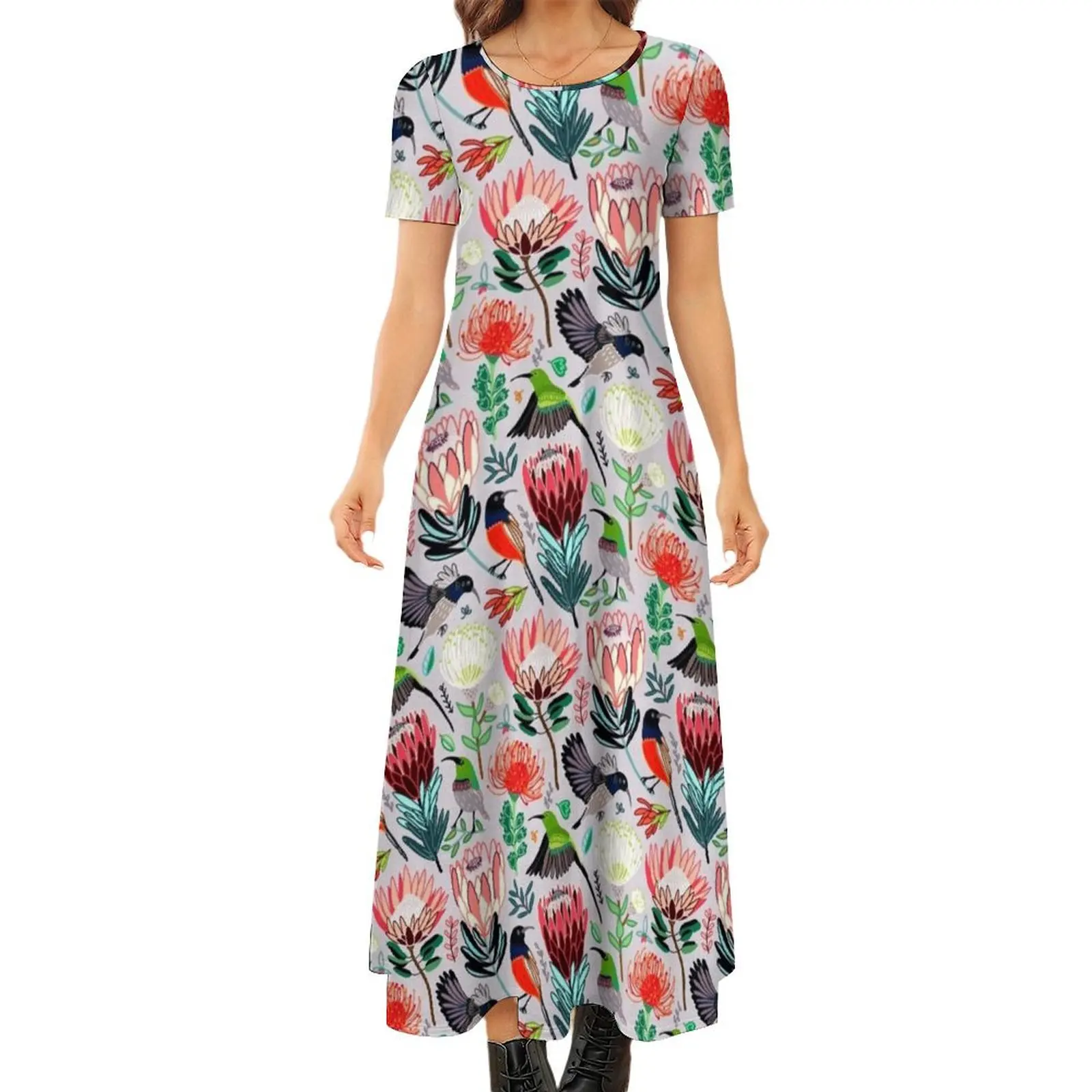 

Sunbirds & Proteas On Grey Round Neck Short Sleeve Dress Female dress sexy dress for women Long dresses