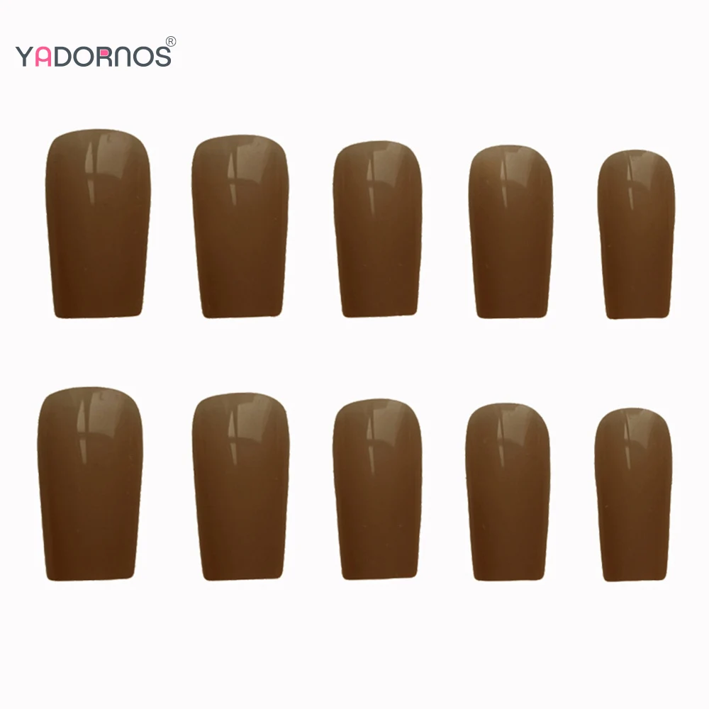 24Pcs Long Coffin Fake Nails Coffee Color Square Head Press on Nails Solid Color Full Cover False Nails Tips for Women and Girls