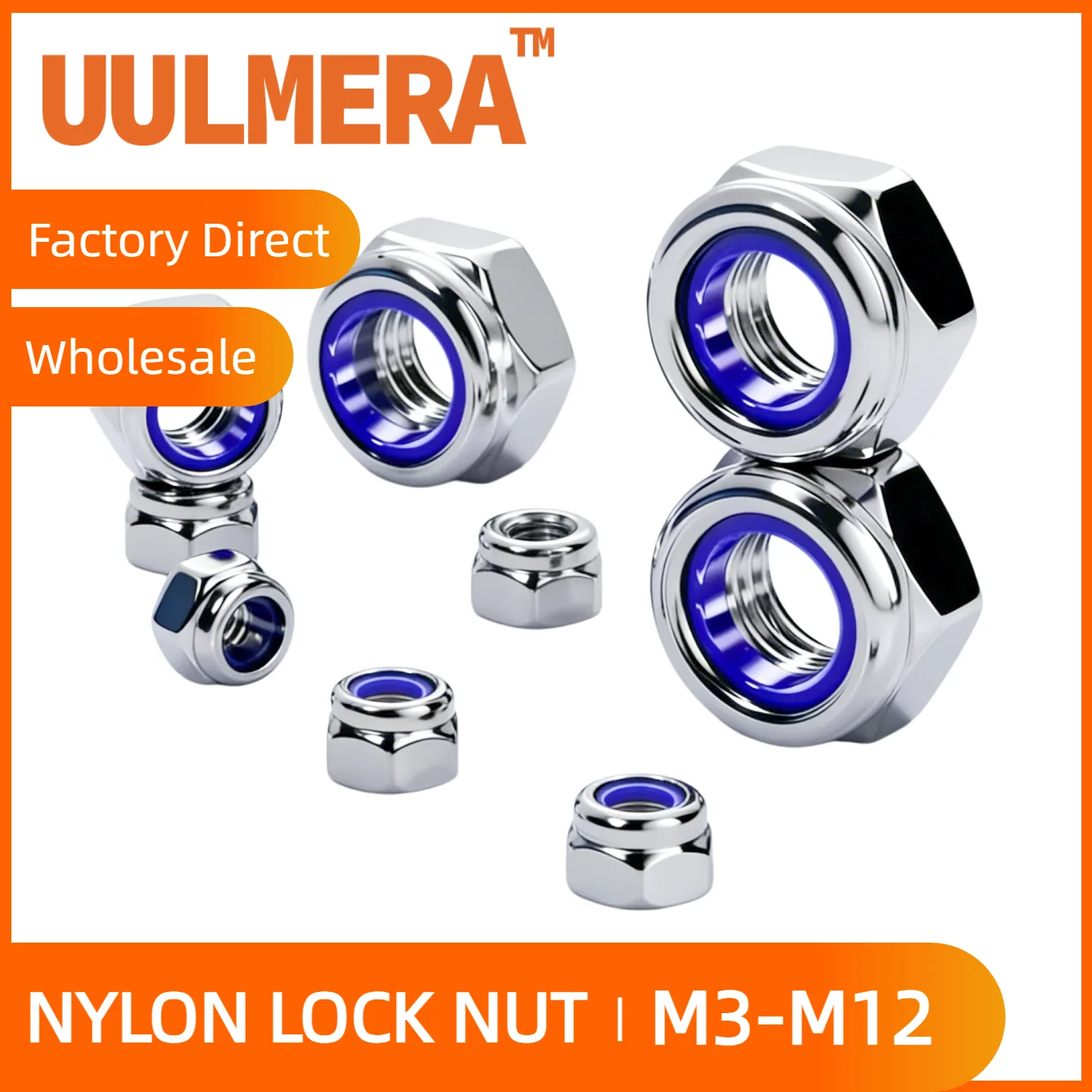 100pcs M3-M12 Nylon Lock Nuts Kit 304 Stainless Steel Hex Nylock Nut Set DIN985 Self-Locking Hardware Metric Fasteners