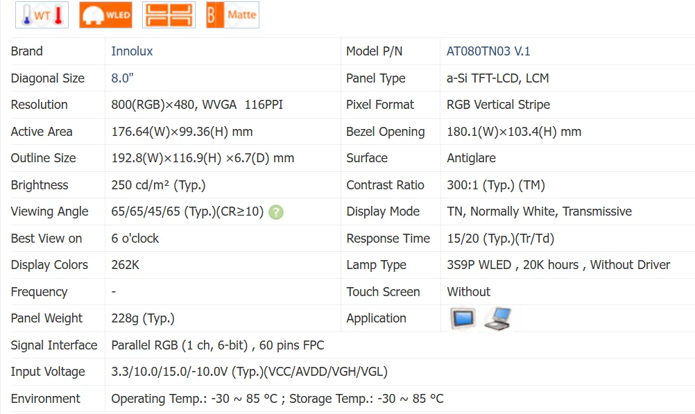 AT080TN03 V.8 AT080TN03 V.1 PANNEAU LCD 8.0 POUCES, testé et fonctionnant avant expédition