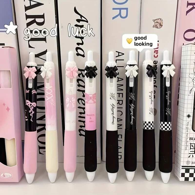 4/High Beauty Black And White Butterfly Pink Pressing Pen, 0.5mm Fine Black Ink, 3D Bow Design, Sponge Handle Comfortable Soft