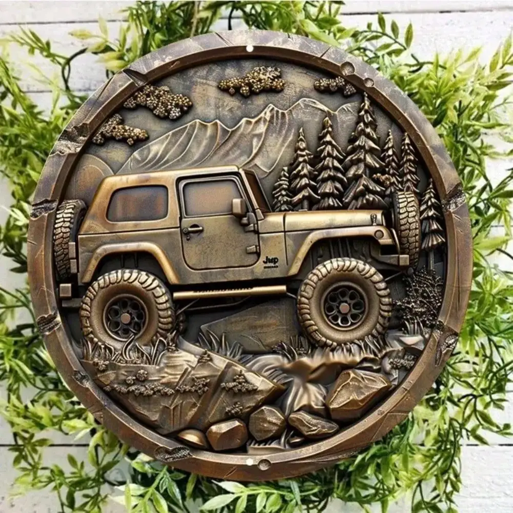 Jeep Brand Round Metal Wall Sign - Weatherproof Rustproof Aluminum, Outdoor Indoor Backyard Door Decoration