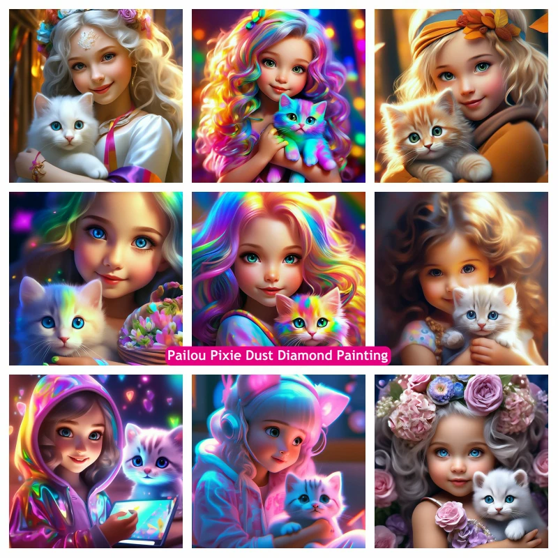 

Cute Cartoon Girl With Cat Animal AB Diamond Art Painting Fantasy Rainbow Elf Beauty Mosaic Cross Stitch Home Decor Gift