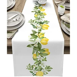 Summer Lemon Leaves Linen Table Runners Table Decor Reusable Farmhouse Table Runners for Dining Wedding Decorations