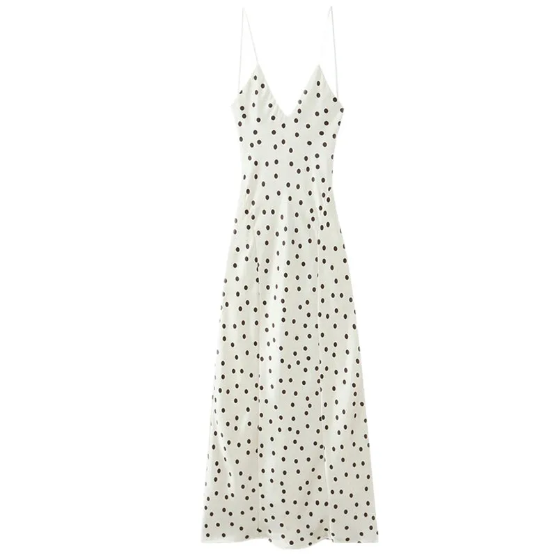 Novo Vestido Midi F de Verão em Seda Satin com Textura de Poá, Cintura Alta, Sem Alças, Decote em V, Estilo Casual e F...