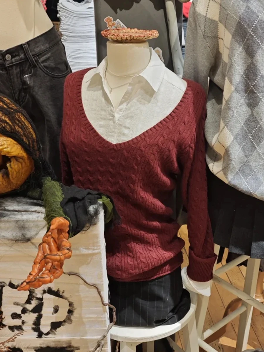 

Вязаный свитер с v-образным вырезом и цветочным принтом, женские осенние новые хлопковые тонкие джемперы с длинными рукавами, женские милые винтажные бордовые трикотажные топы