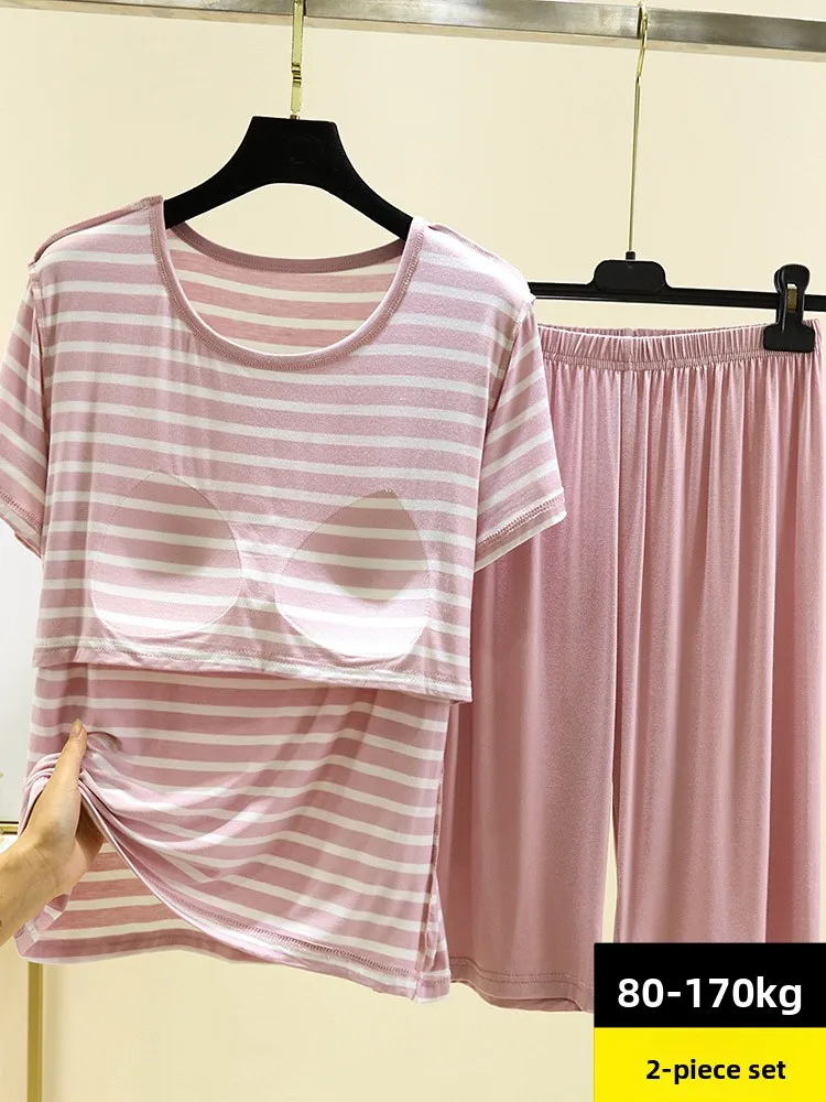 

Modal Sleepwear Set Women's Summer Thin Short Sleeve Chest Pad Home Clothes Two-Piece Set Large Size Striped Casual Outfit