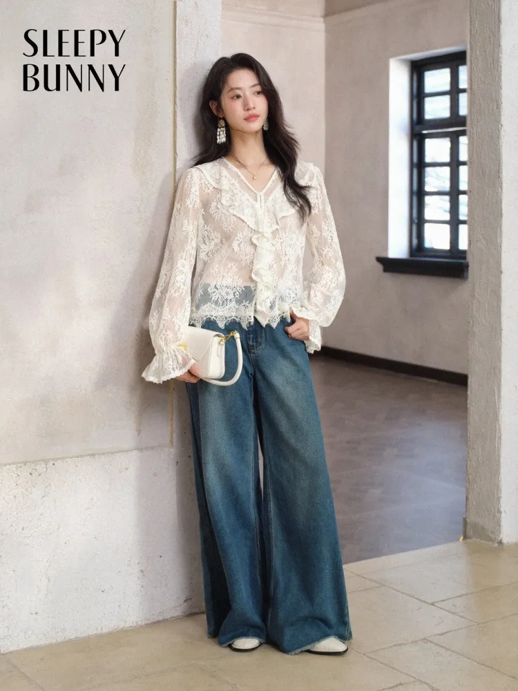 Women French Sweet Blouse Lace Chiffon Sheer Ruffled V Neck Spring Top Elegant Romantic Lightweight Shirt Lady Trending Outfit