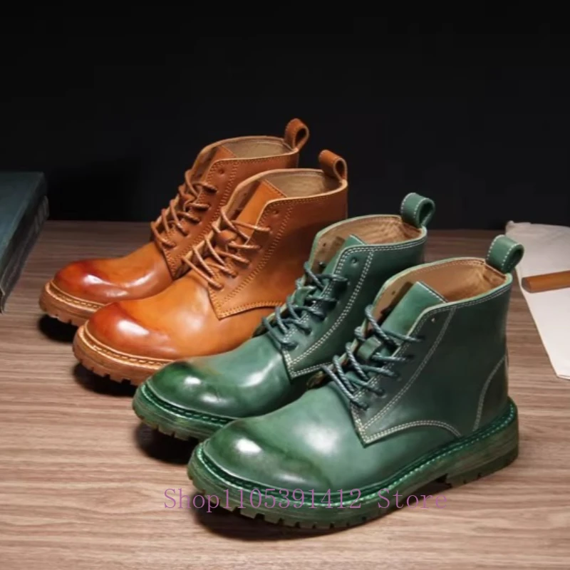 Handcrafted Luxury Men Shoes Horsehide Ankle Boots Vintage Round-toe Work Boots Outdoor Hiking Boots