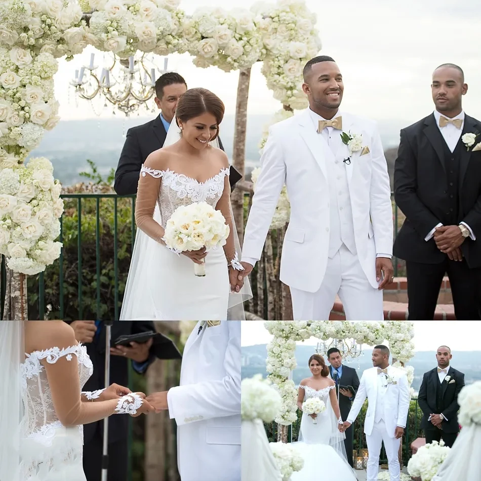 

Sexy off-the-shoulder illusion Mermaid Wedding dress Applique lace with backless ruffles tiered bridal gown Vestidos De Noiva