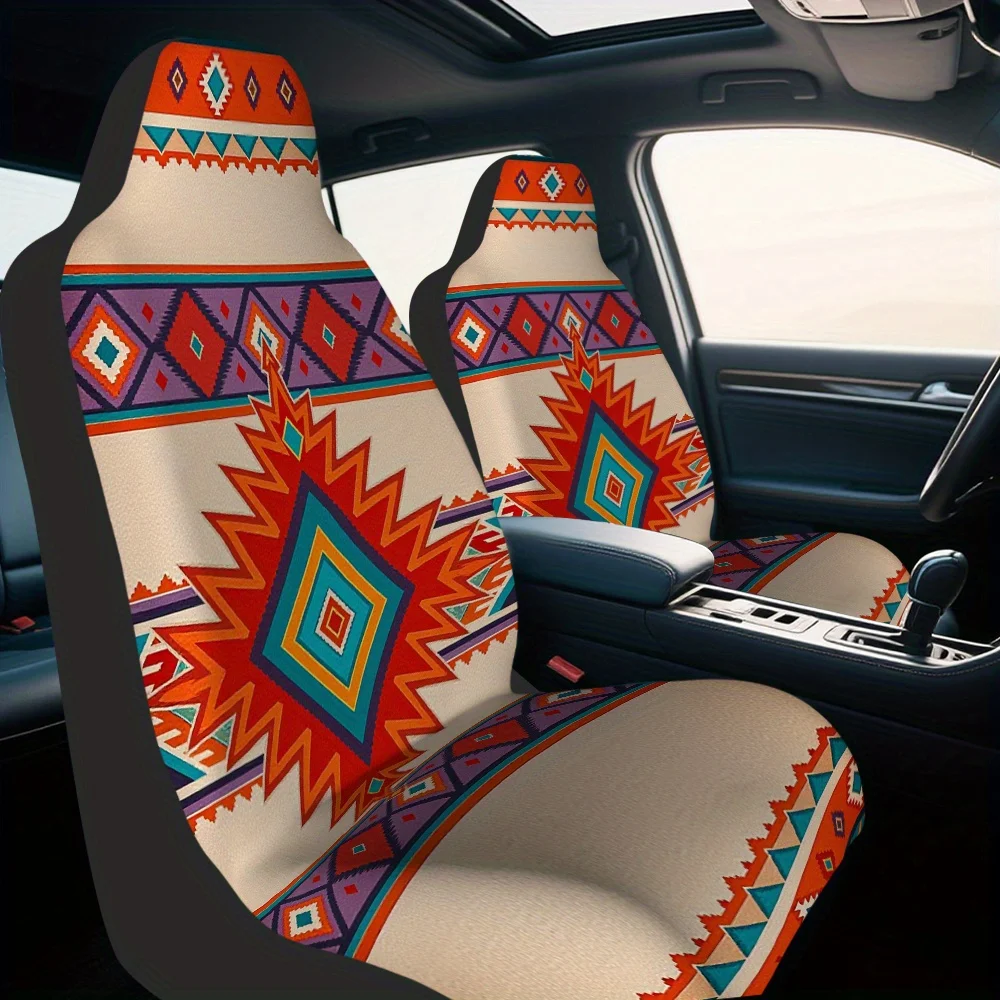 Set Of 2, Colorful Geometric Aztec Tribal Design Front Seat Covers, Ideal For Comfort During Extended Road Trips, A Dependable O