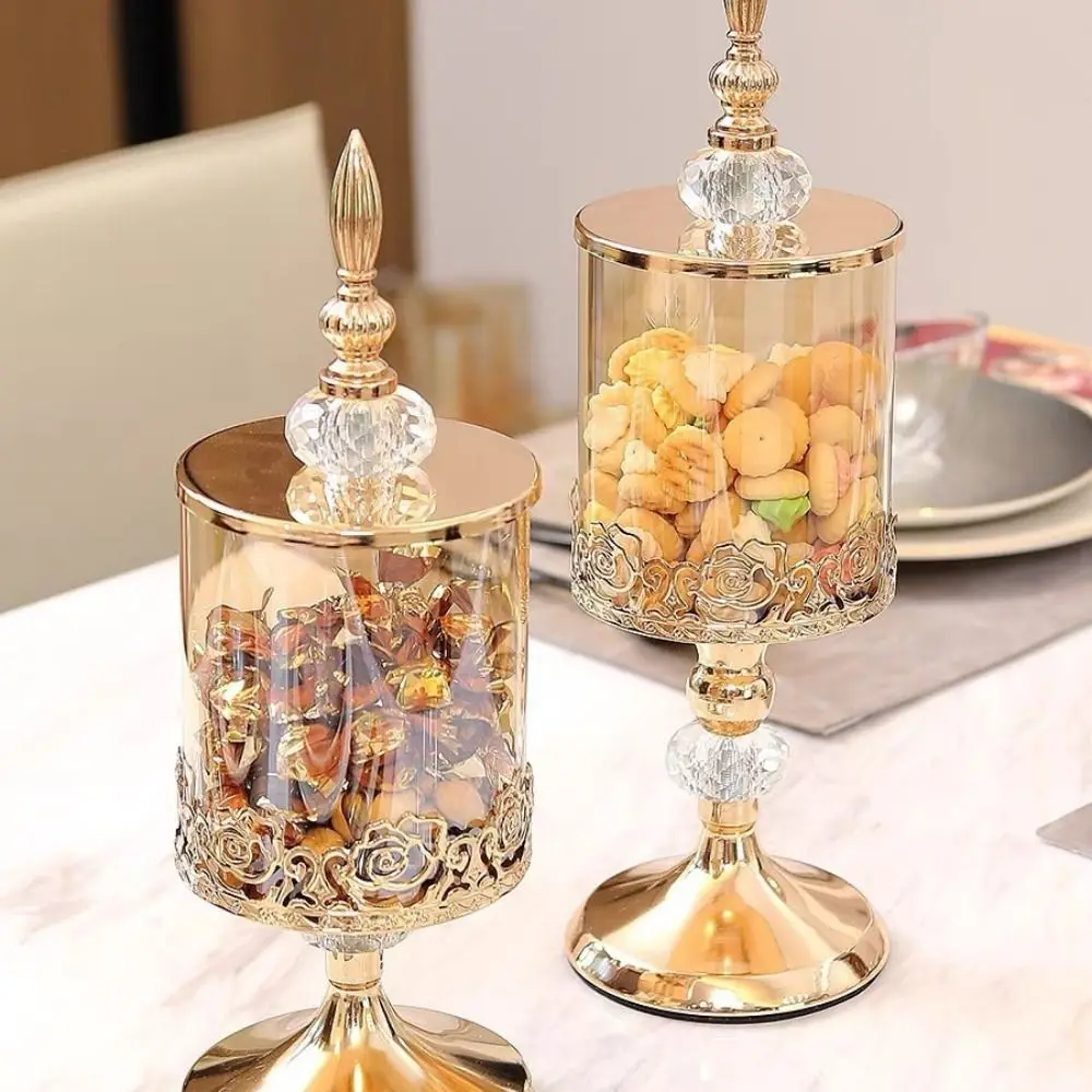 New European Crystal Glass Storage Jar with Lid High-footed Rose Candy Jar Luxury Desktop Ornaments Gold-plated Storage