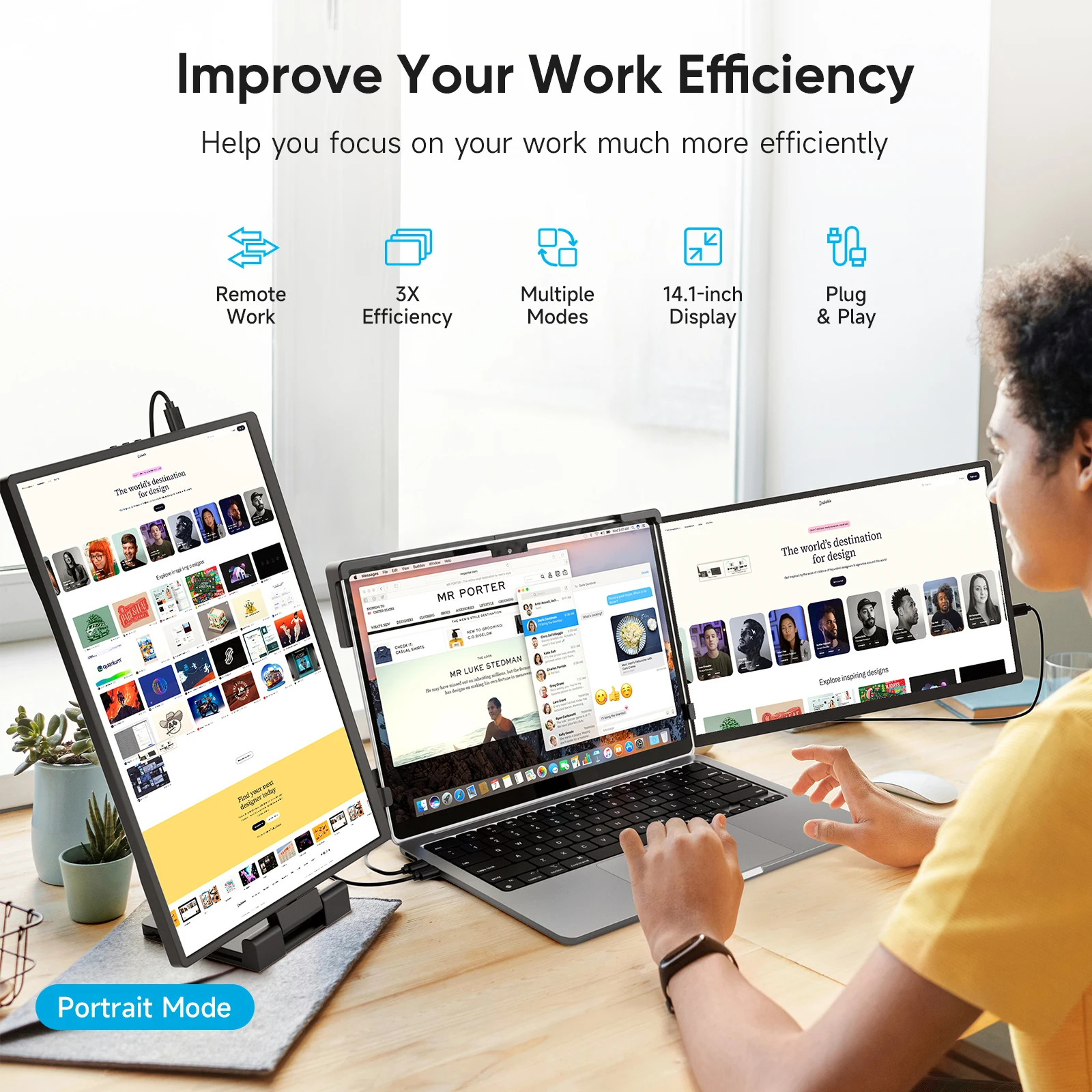 Dopesplay triplo extensor de tela dupla para laptop fhd 1200p monitores portáteis de 14.1 polegadas para windows mac android laptops 14-17.3 polegadas
