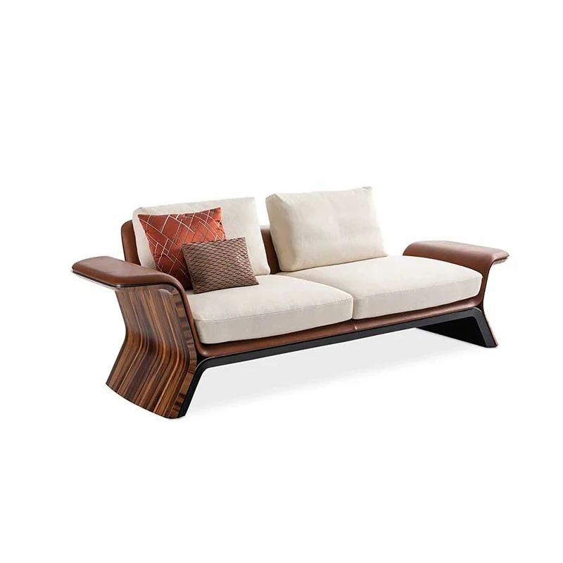 #Modern Light Luxury Sectional Sofa Set Leather Wood Veneer Back High Density Sponge Apartment Mall Living Room