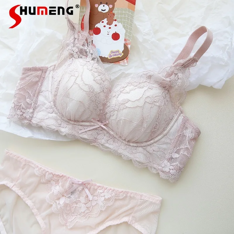 الصدر الصغيرة رفع اللاسلكية الدانتيل الصدرية مجموعة الإناث الدانتيل مثير الملابس الداخلية دعوى المرأة النمط الياباني الحلو لطيف موجز الدعاوى