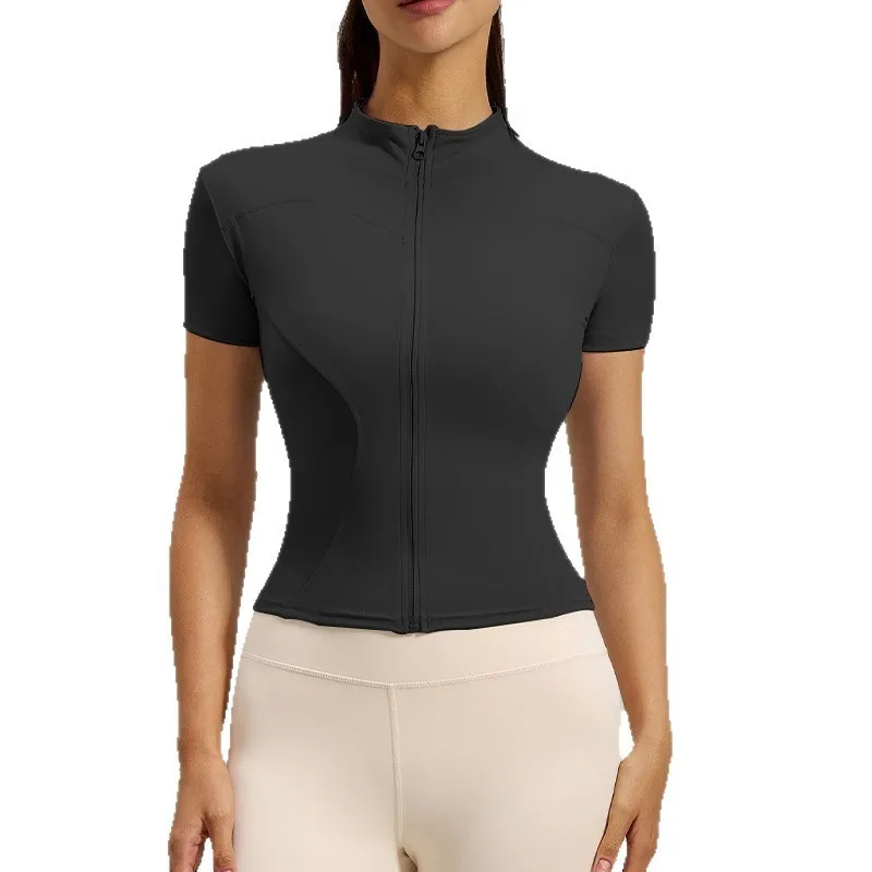Women Gym Top Stand Collar Yoga Shirt Short Sleeve Slim Fit Quick Dry Fitness Running Clothes Breathable Elastic Sportswear