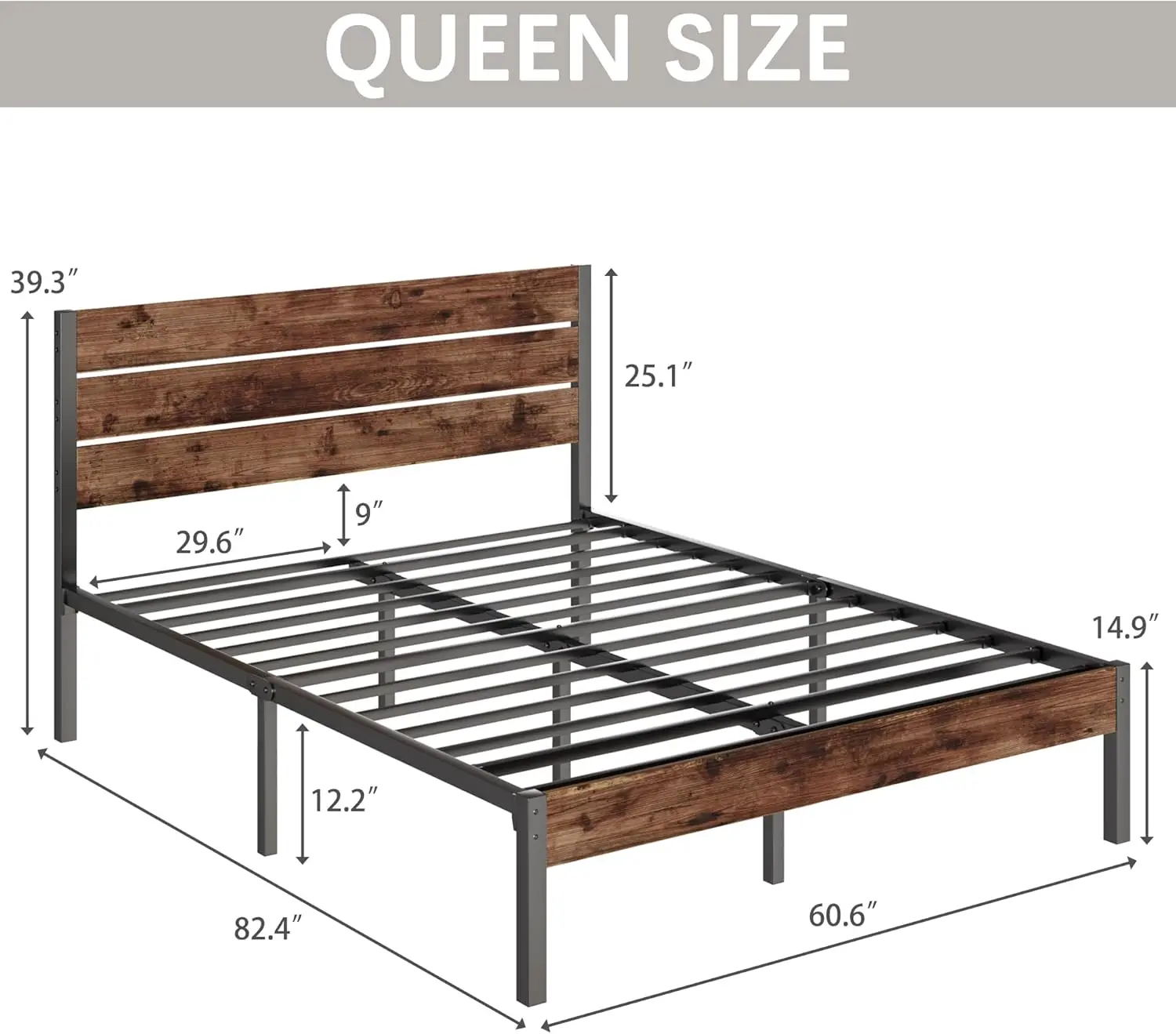 Bed Frame with and Footboard, with Under Bed Storage, All-Metal Support System, No Box Spring Needed, Easy Assembly,Rustic Brown