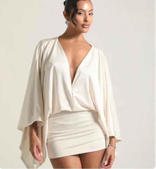 Sexy profundo decote em v oco magro hip vestidos mulher primavera sólido elegante comute senhora vestido outono manga longa cetim mini vestido mujer