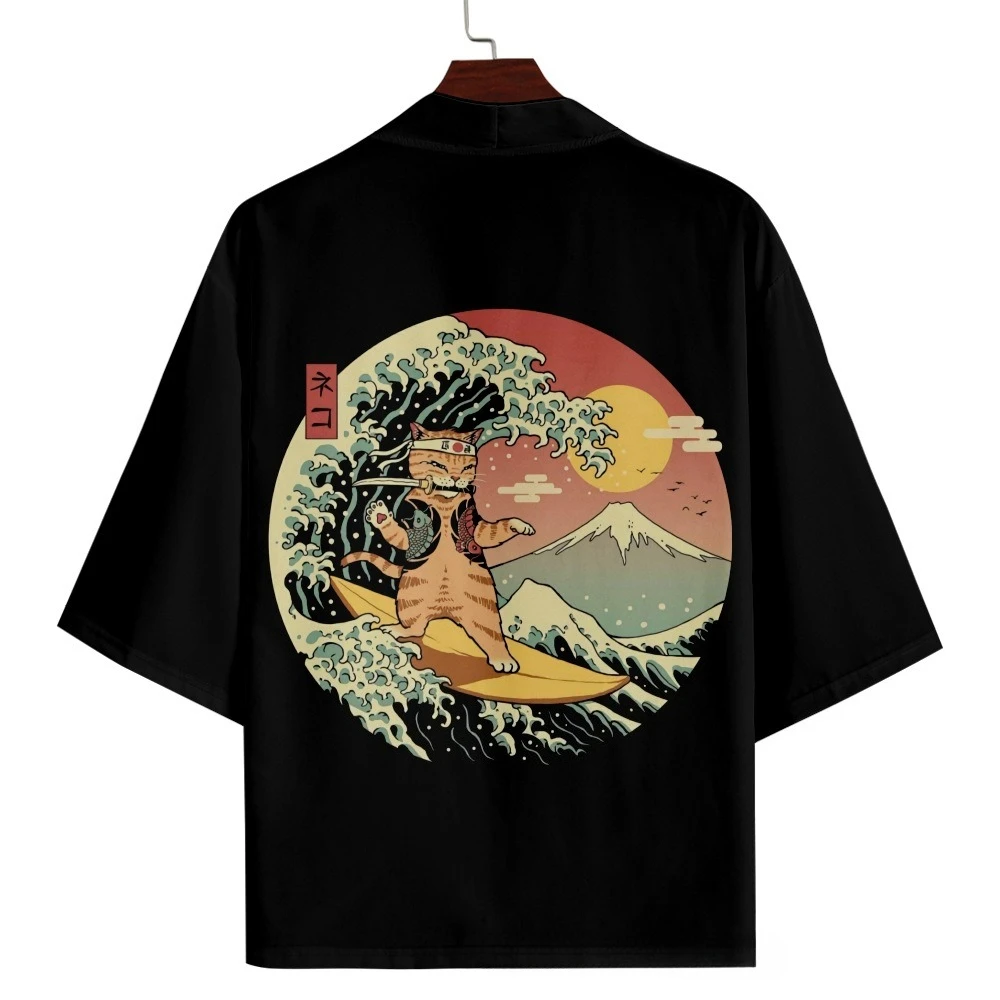 Summer Cat Samurai Print Men's Japanese Anime Haori Kimono Oversized Cardigan Robe for Cosplay Streetwear Tops