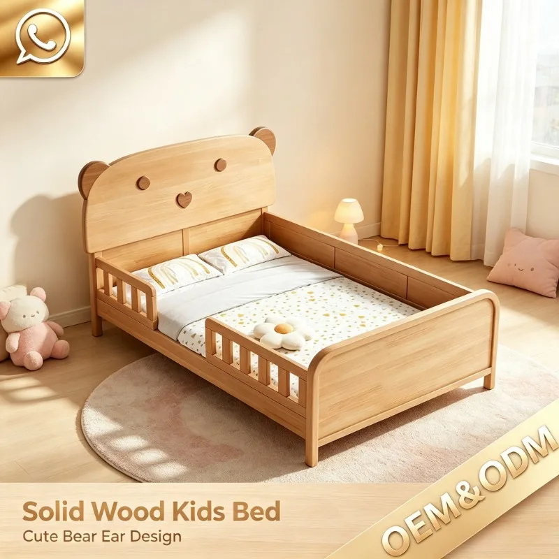 Bear‑Ear Solid Wood Children Bed, Safety Guardrail Modern Comfort Design, Natural Wood Color for School Hotel Home
