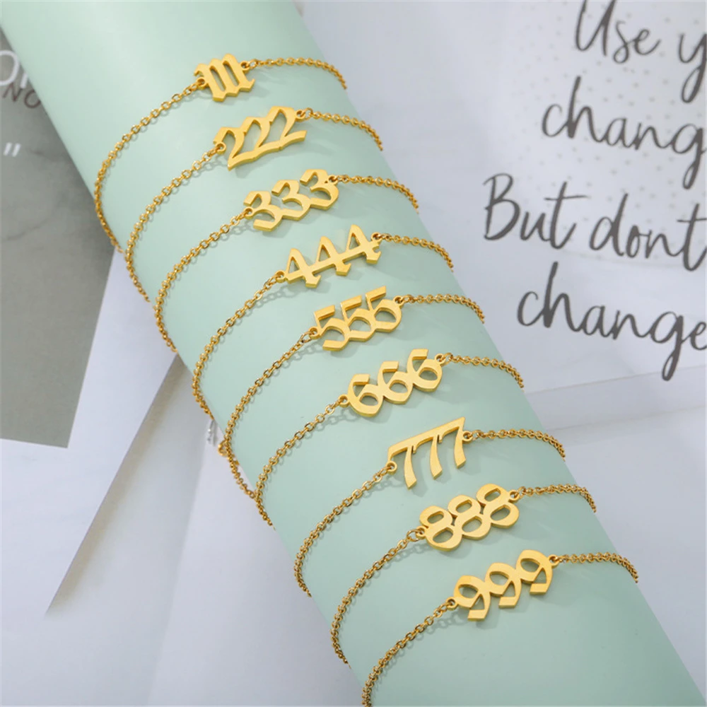 

Stainless Steel Lucky Angel Number Bracelet Gold Color 111 222 333 444 555 666 777 888 999 Charm Bracelet For Women Men Jewelry