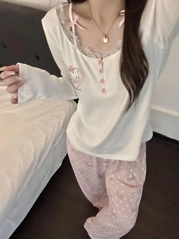 Gray  Pajamas Set Women Long Sleeve Sleepwear Soft Comfortable Print Lace Trim Lounge Wear Two-Piece Nightwear hot - view 6