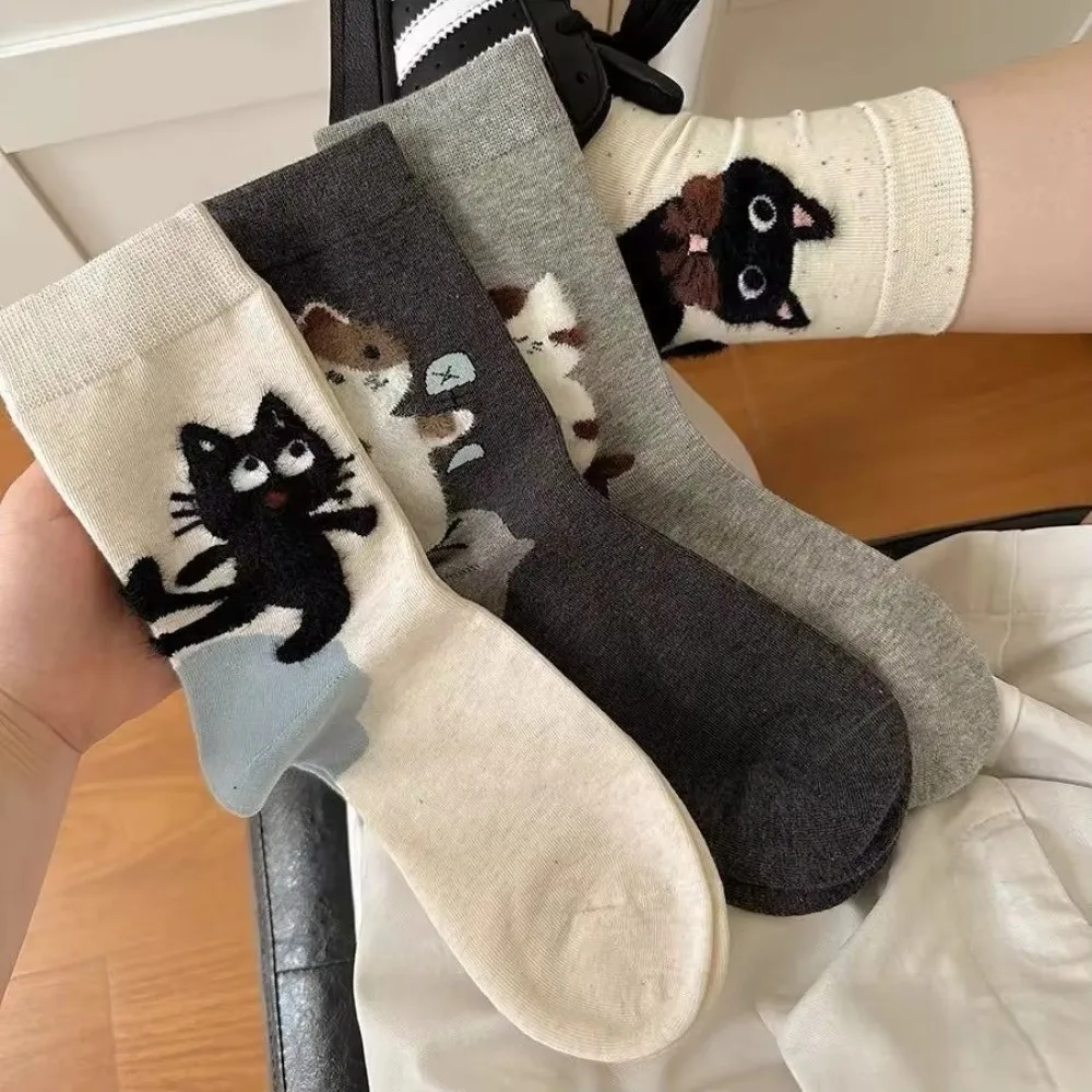 

1/4Pairs Fashion Cute Cartoon Cat Women's Socks Soft Comfortable Middle Tube Socks Casual Cotton Snow Boot Socks Home Wear