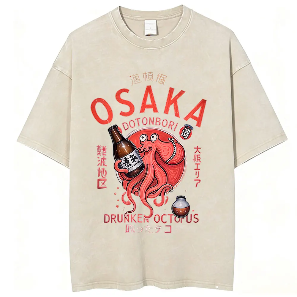 Japanese Style Osaka Dotonbori Drunken Octopus Vintage Washed T Shirts Men Women Harajuku Oversized Cotton T-Shirt Streetwear