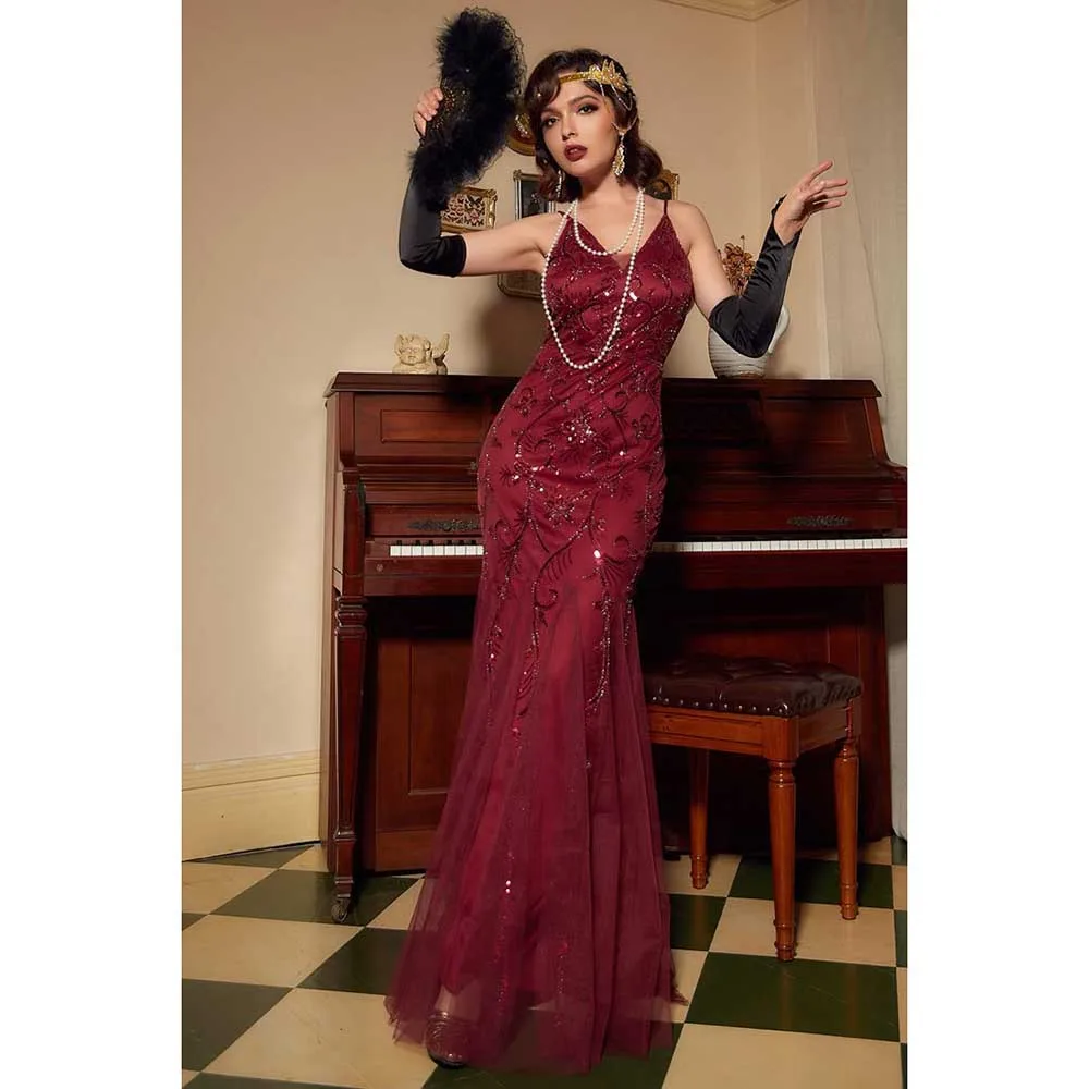 

Elegant Vintage Burgundy Black Women Prom Dresses Spaghetti Strap V-Neck Floor Length Trumpet Sexy Appliques Evening Party Gowns