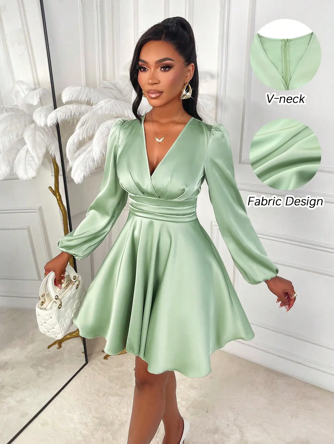 

Women's Autumn And Winter Elegant Solid Color V-Neck Slim Fit A-Line Puff Sleeve Satin Glossy Short Dress, Suitable For Parties