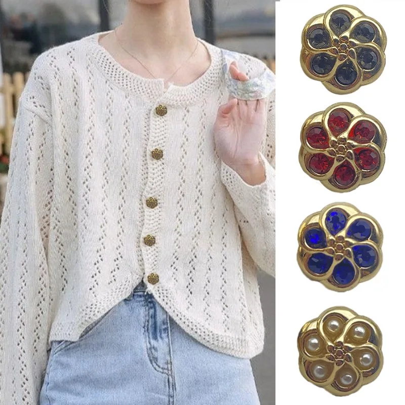 FCXDG Exquisite Beautiful Flower Shape Inlaid with Pearl Diamonds Metal Buttons Dress Cardigan Shirt Sleeve Collar Small Buttons