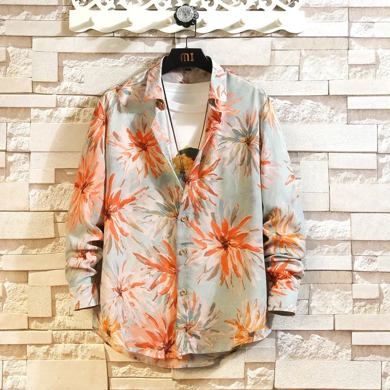 

Autumn New Korean Version Men's Casual Fashion Loose Printing Large Size Beach Style Shirt гавайская рубашка
