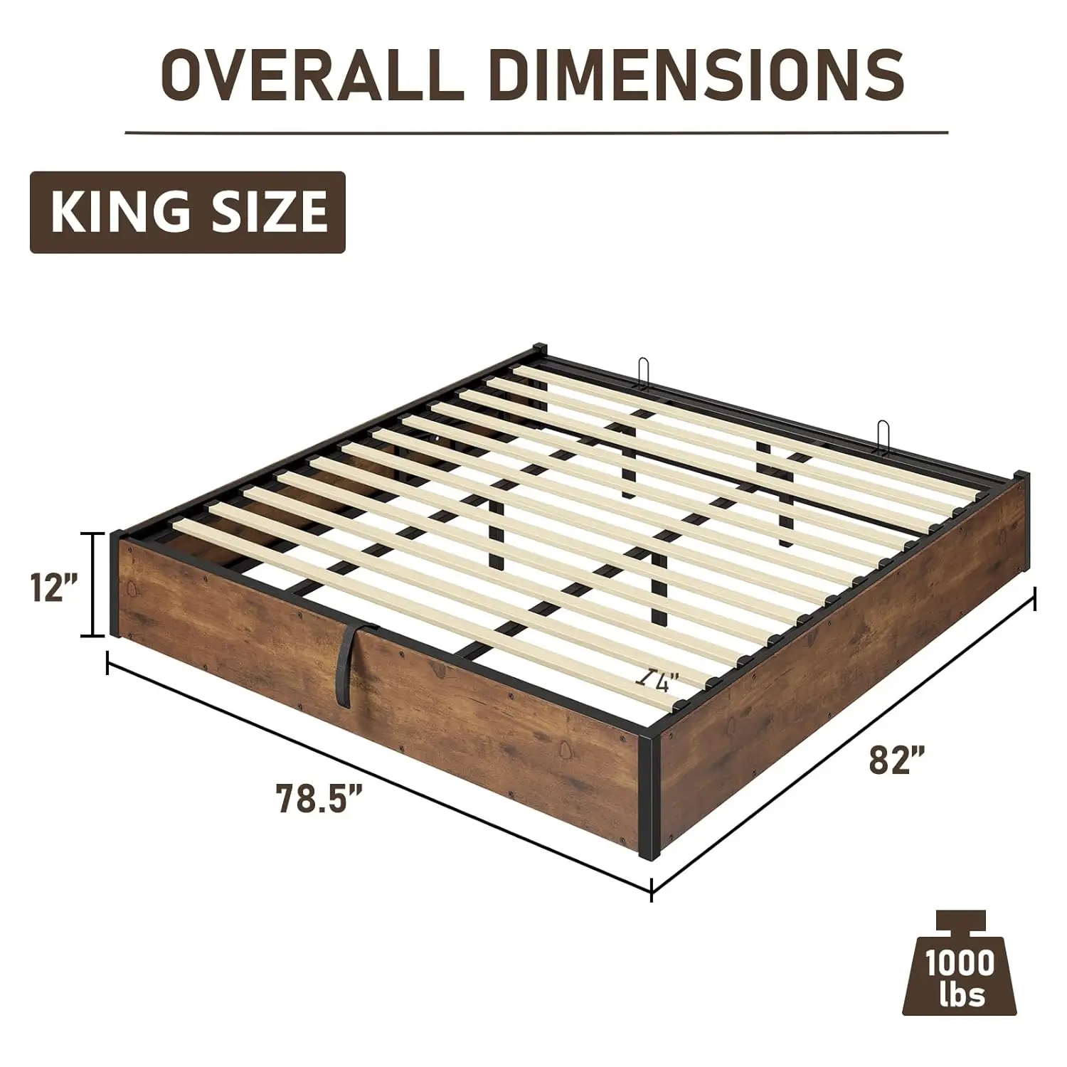 King Lift Up Storage Bed Frame Wooden Slats Platform Underneath Space No Box Spring Quiet Rustic Brown, Customized view 2