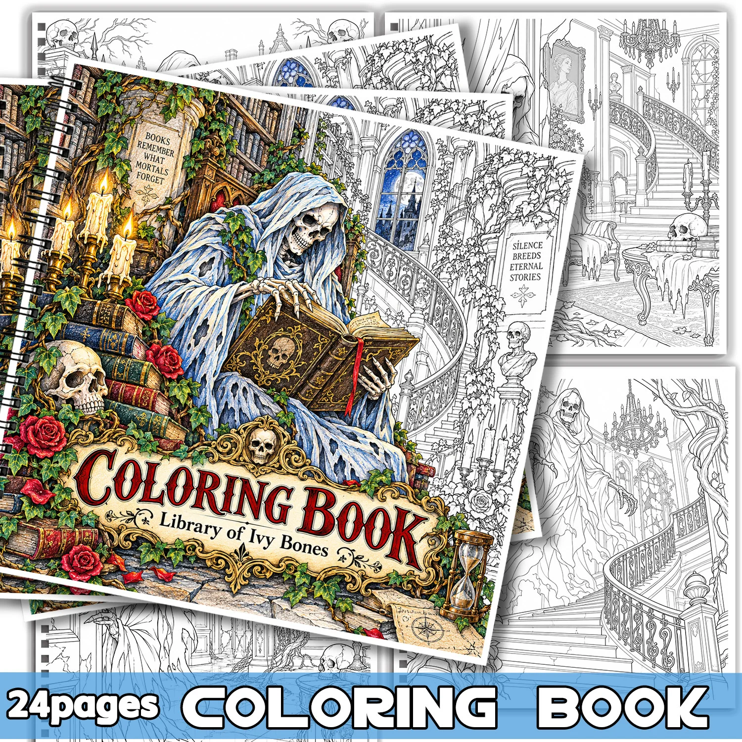 24 Pgs Spiral Binding Coloring Book Library of Ivy Bones Gothic Skeleton Showcasing Creativity Relieving Stress For Adults Teens
