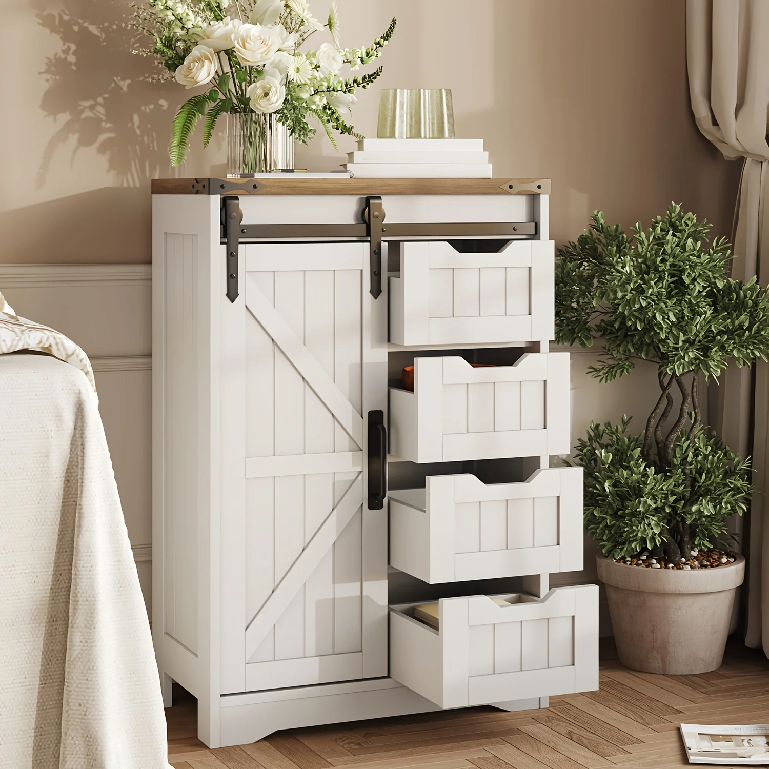 

Farmhouse Bathroom Floor Storage Cabinet, Bathroom Cabinet with Drawer, 4 Small Drawers for Easy Sorting Floor Storage Cabinet