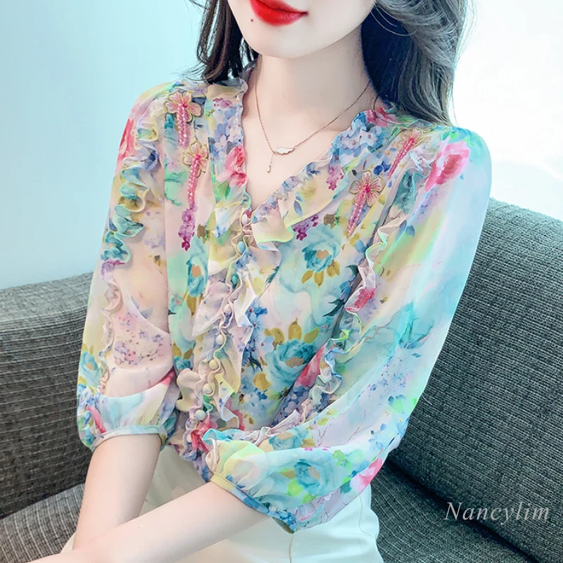 

Floral Chiffon 3/4 Sleeves Blouse Women's Clothing Summer Fall 2024 New Beautiful Design Sense Shirt Ruffled V Necl Flower Blusa