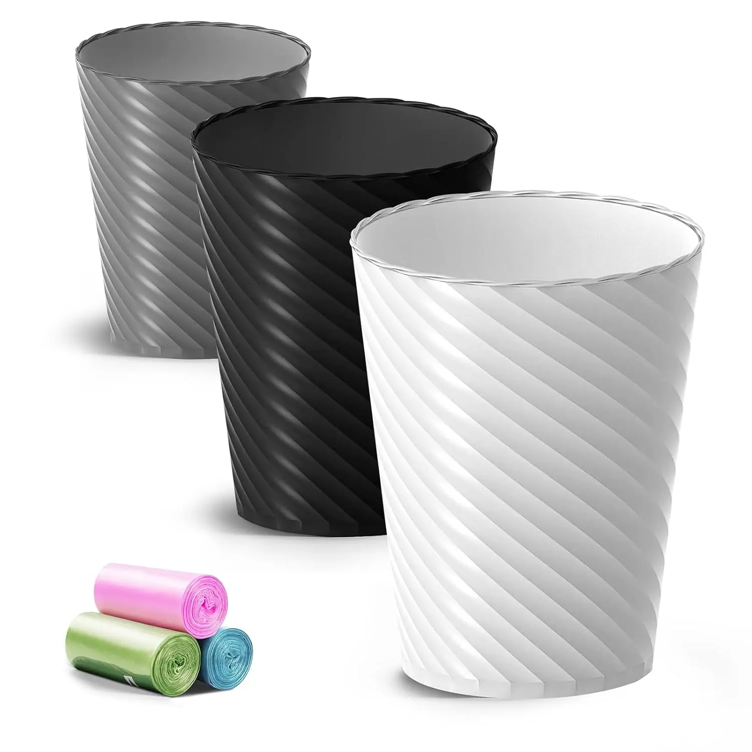 

3-Pack Small Trash Cans with Bags, 1.8 Gallon Round Waste Basket for Bathroom Bedroom Office (White Black Grey)