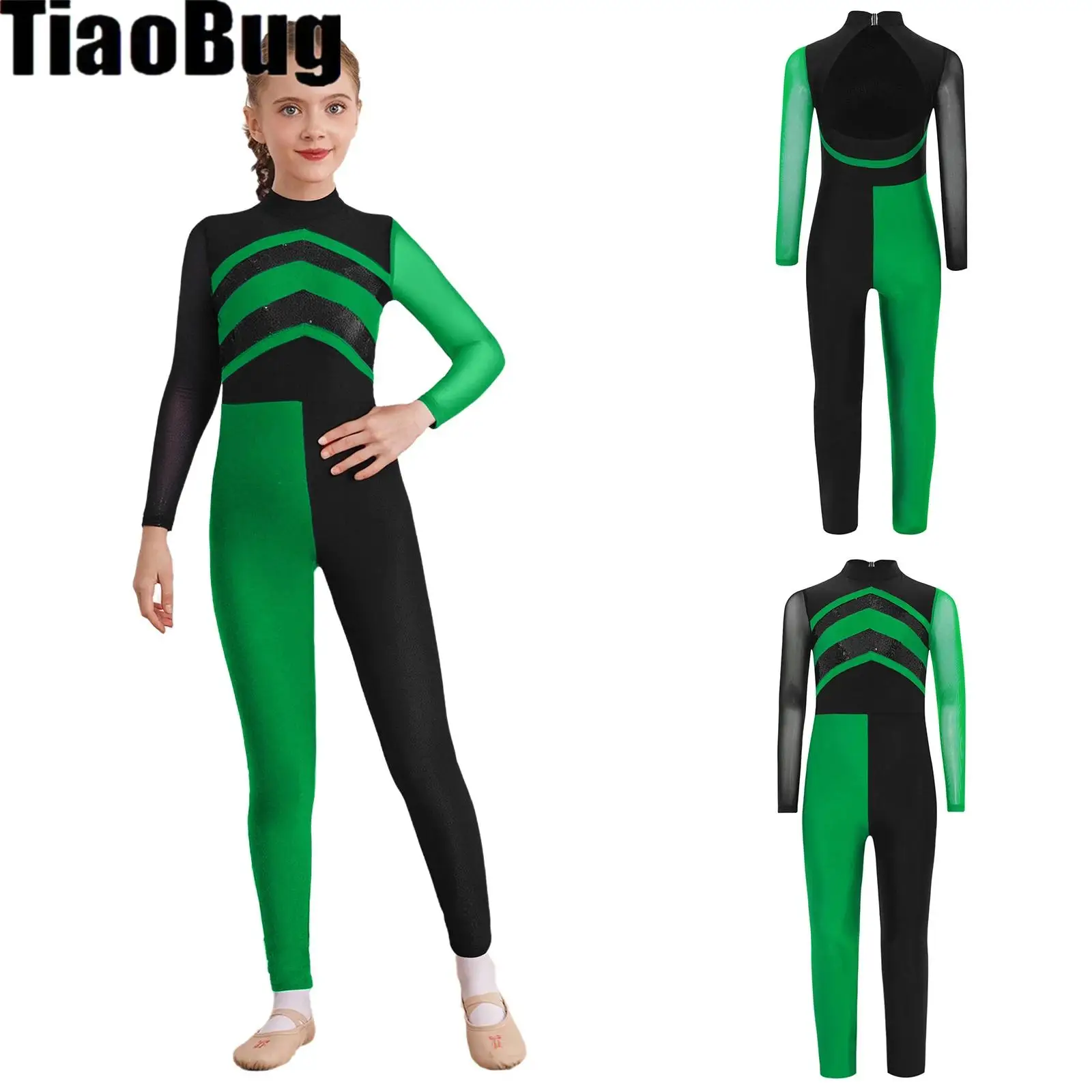 

Kids Girls Shiny Sequins Dance Jumpsuit Color Block Gymnastics Jumpsuit Mock Neck Sheer Mesh Long Sleeves Cutout Back Bodysuit