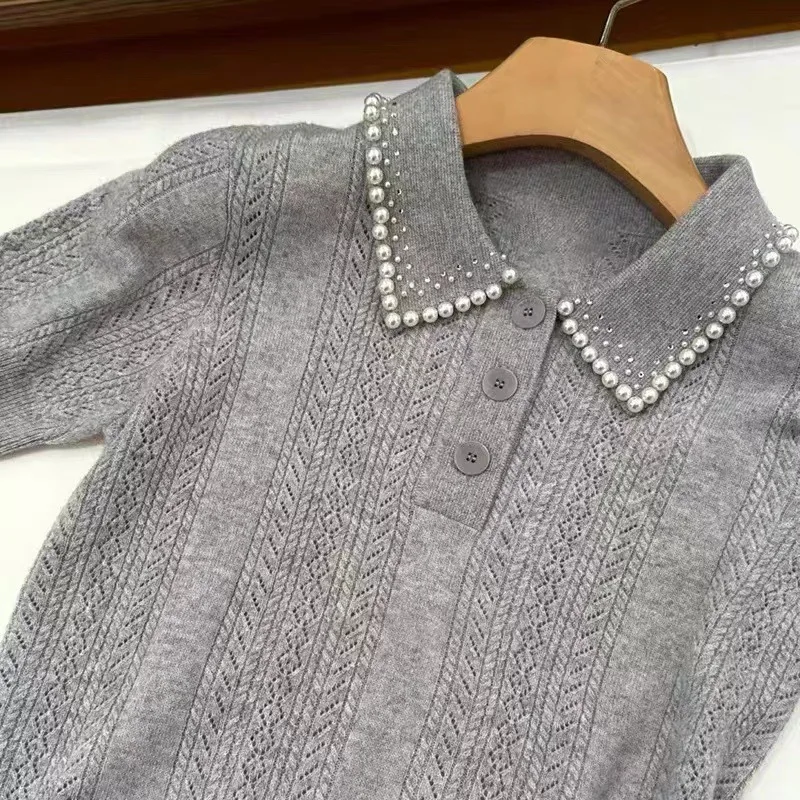 

Women Knitted Tops Pearl Decoration Turn Down Collar Buttons 2024 Spring New Casual Tees