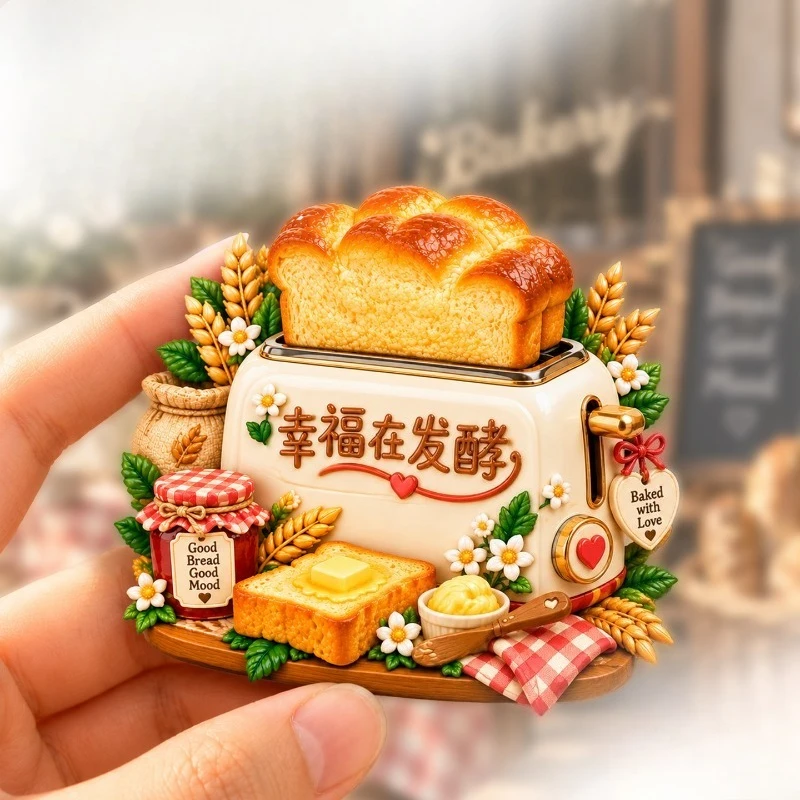 Happy Ferment Toast Fridge Magnet - Cozy 3D Bakery Souvenir Unique Cute Gift for Travel & Kitchen Decor