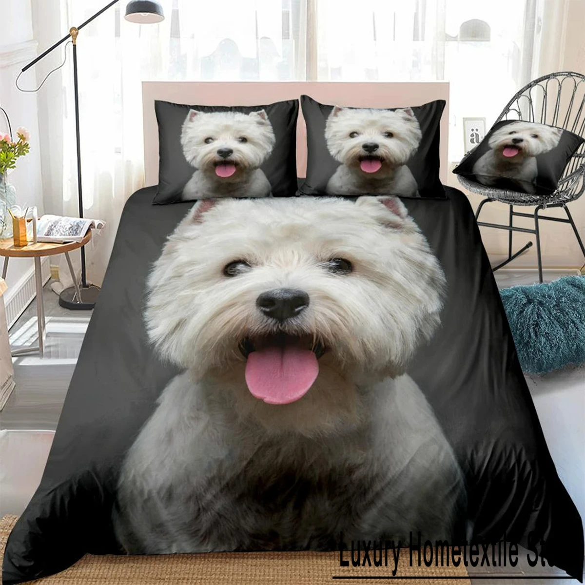 3D Dog Duvet Cover Set West Highland White Terrier Bed Set White Bedding Boys Girls Cute Pet Quilt Cover 3pcs Dropship