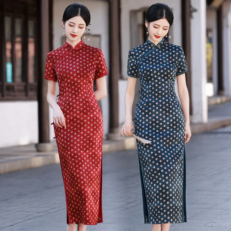 

Polka Dot Chinese Traditional Dress Improved Cheongsam 2022 Summer New High-end Temperament Retro Everyday Qipao Dress for Women