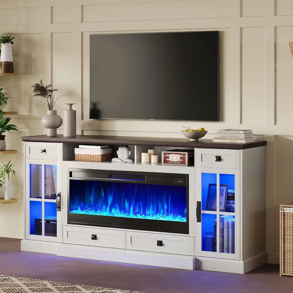 

Suitable for 80 Inches, Farmhouse TV Cabinet with LED Lights, Entertainment Center with Storage Drawers and Cabinets