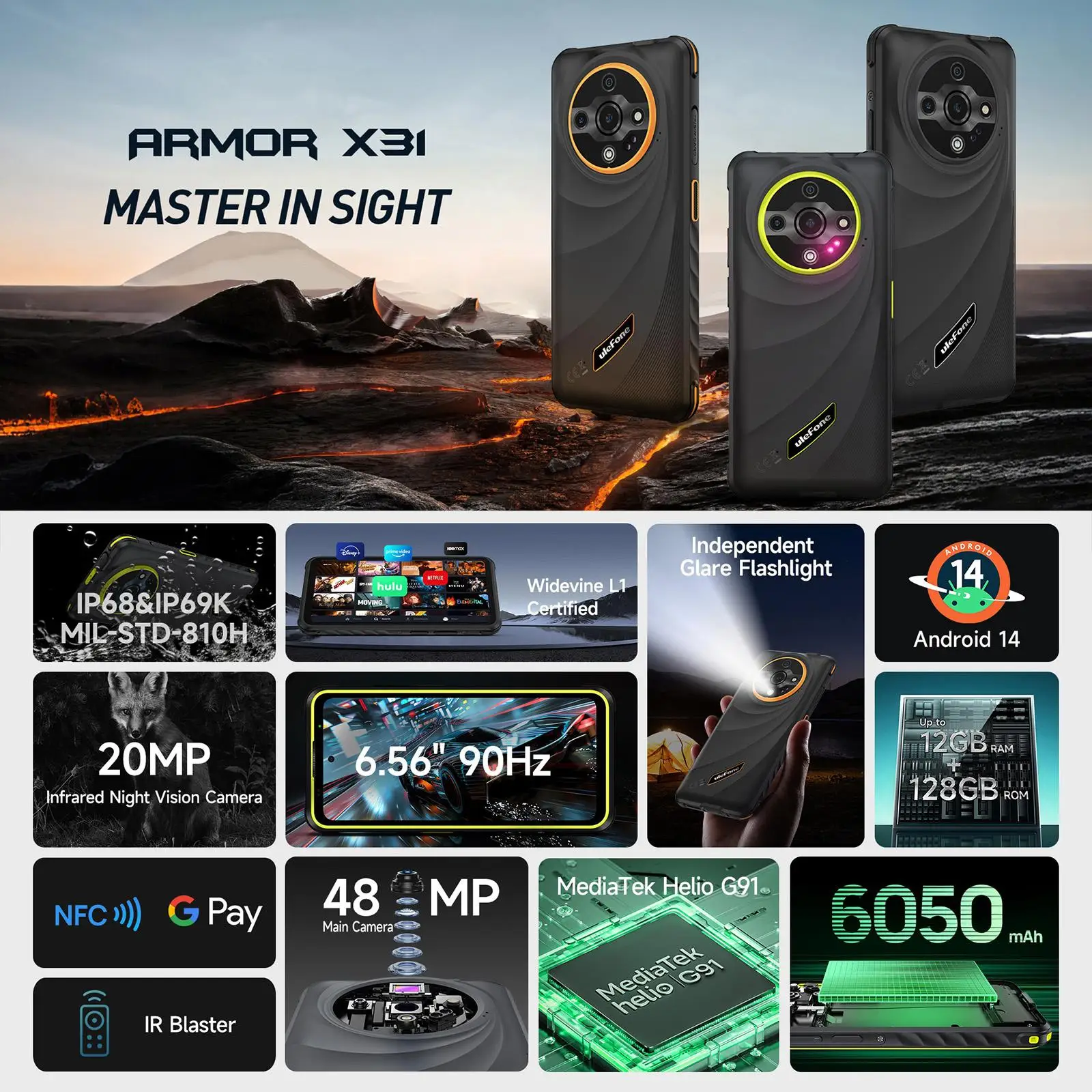 Ulefone Armor X31 Rugged Smartphone 6GB+128GB 6.56” 48MP Camera Night Camera 6050mAh Battery Android 14 NFC Global Version
